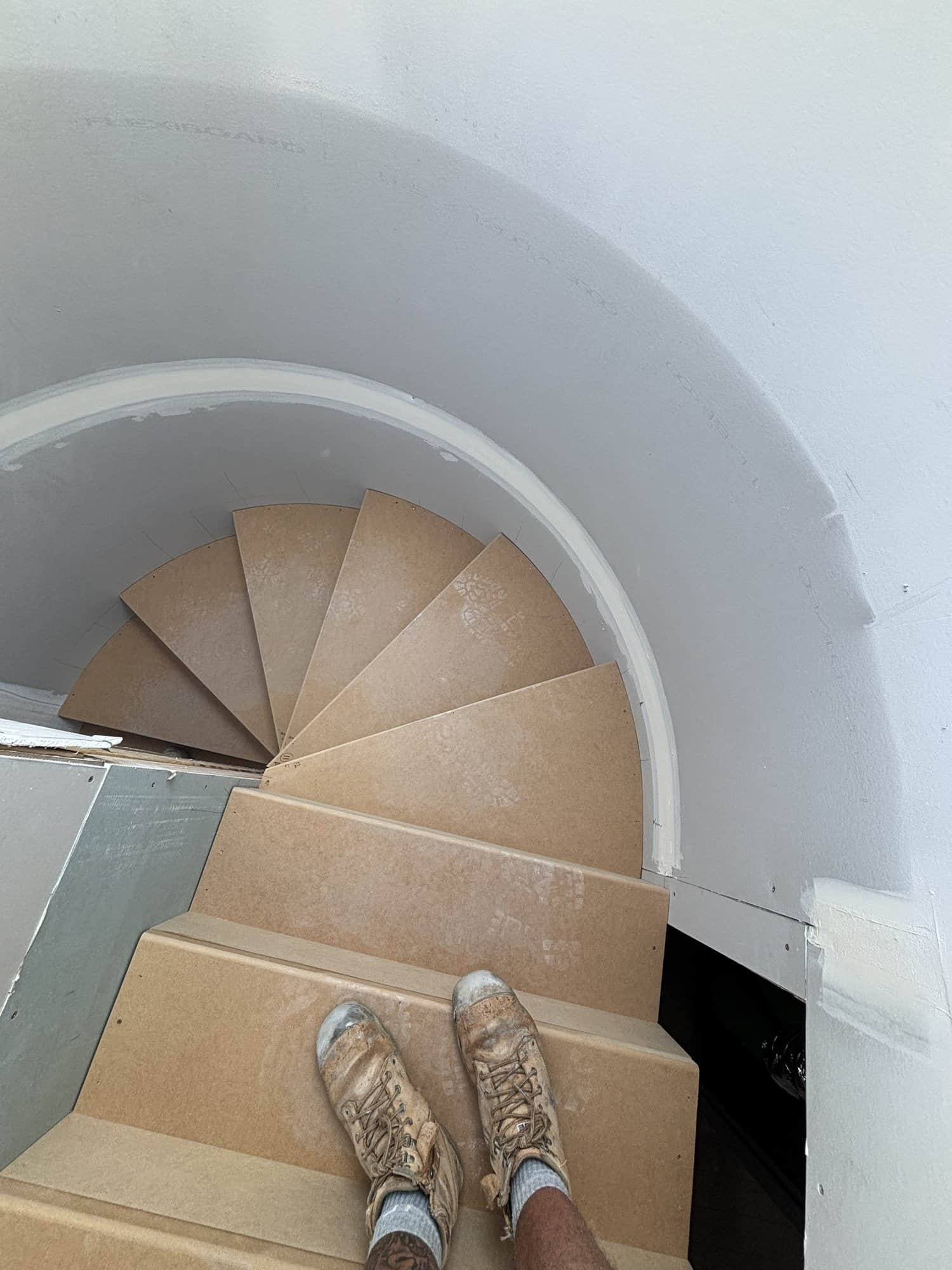 Spiral staircase under construction — craftsman's perspective