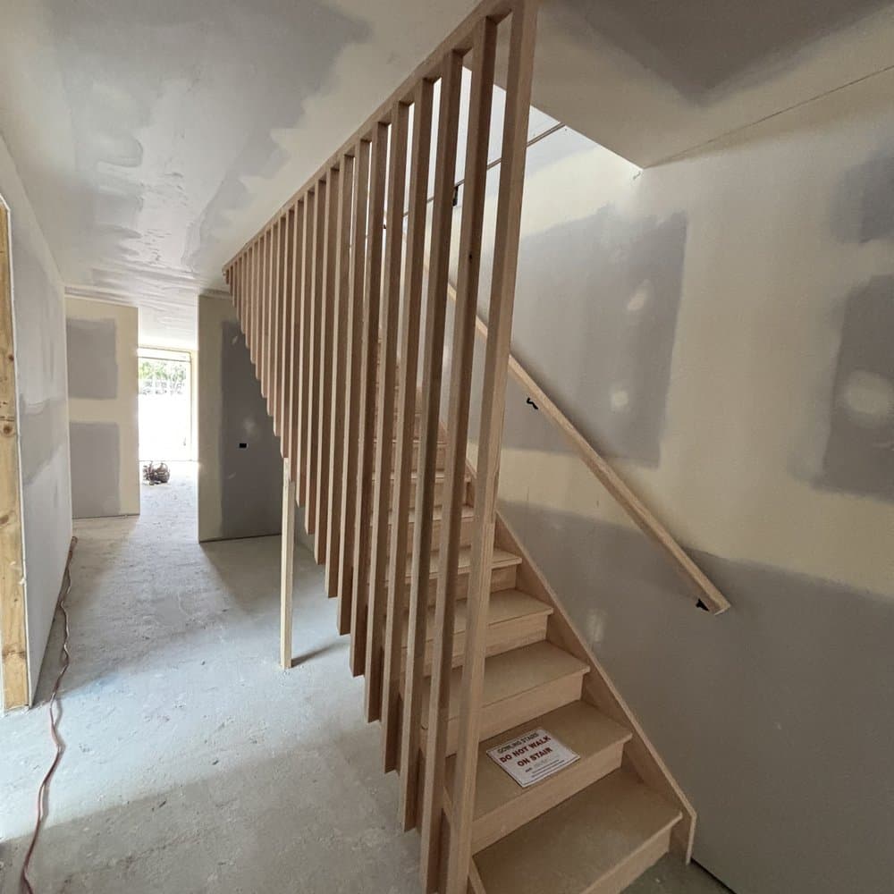 Vertical timber dowel balustrade seen from below