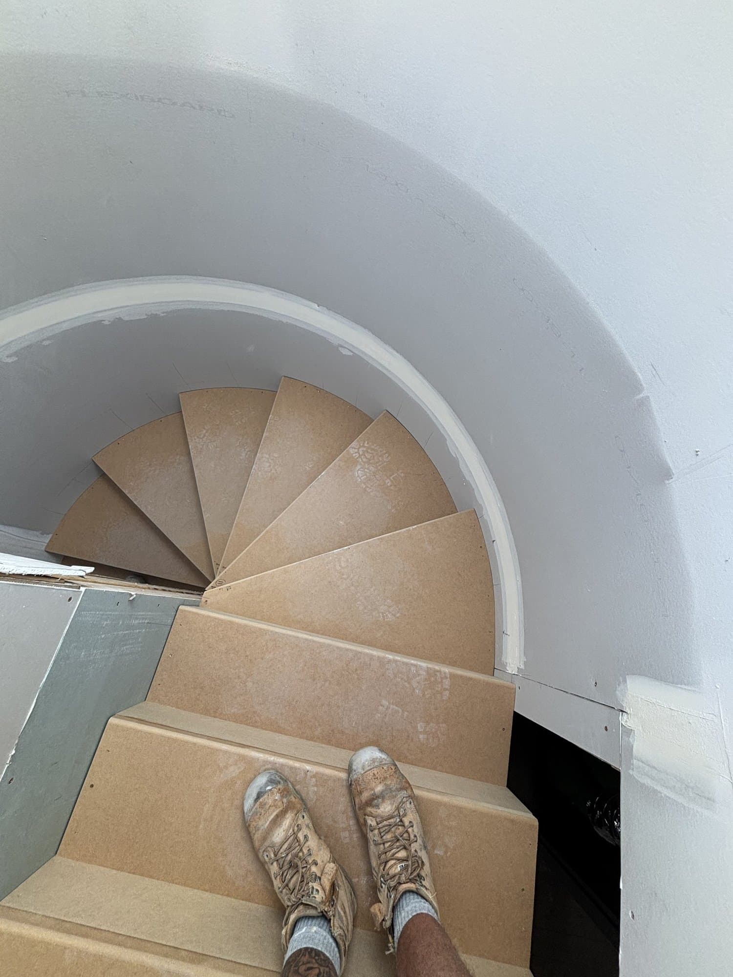 Spiral staircase under construction — craftsman's perspective